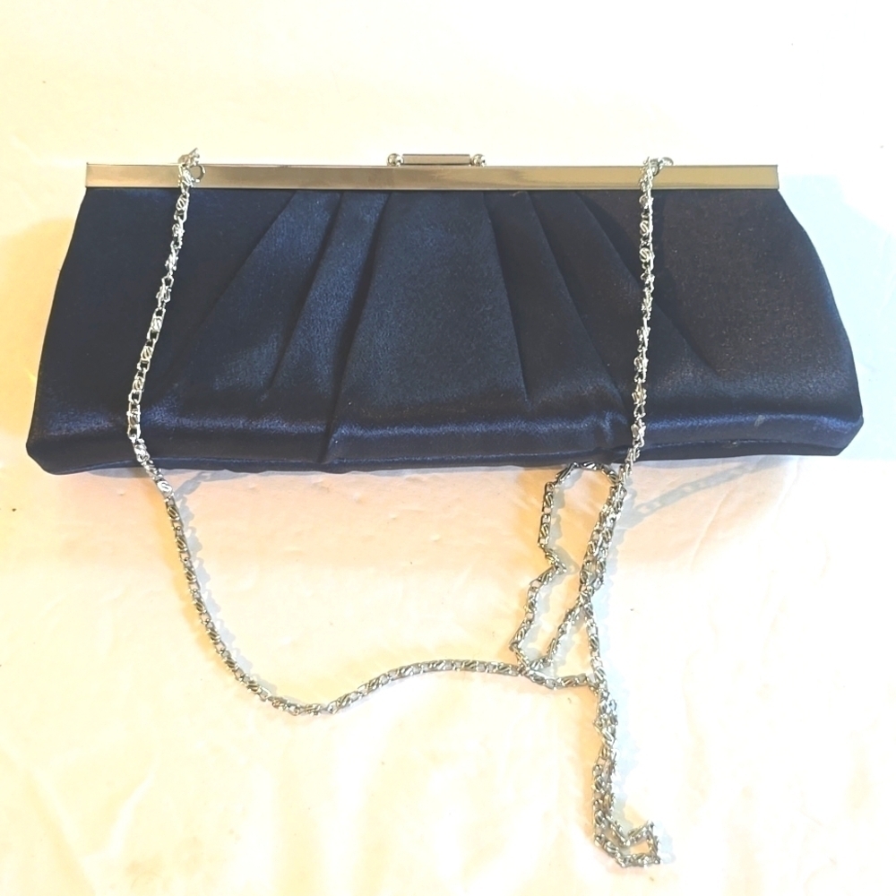 Gunne Sax | Navy Blue/ Silver Satin Evening Clutch Elegant Stunning! Large - Picture 5 of 14